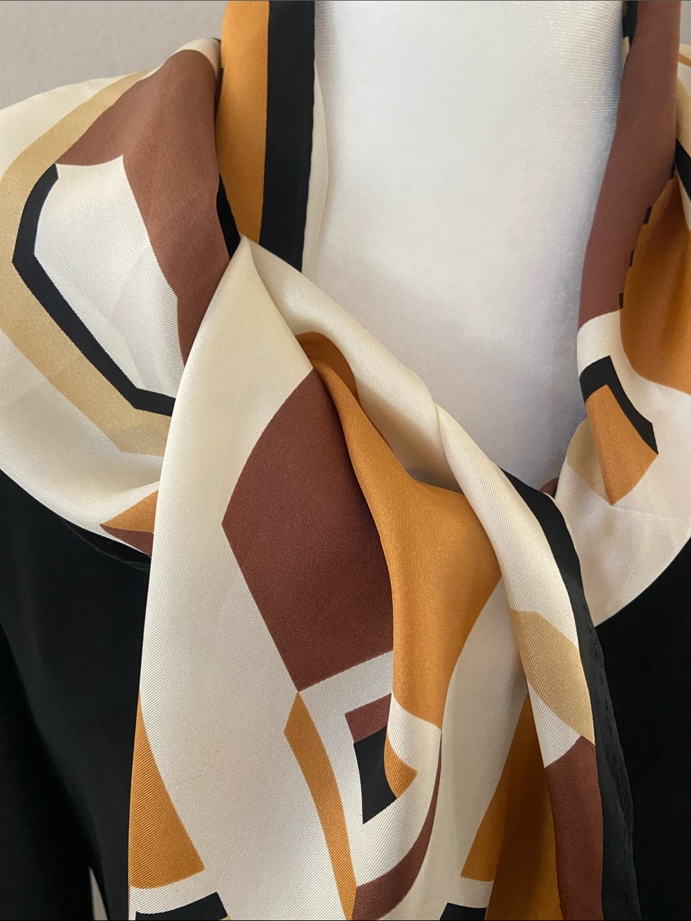 Oscar de la Renta Geometric Silk Scarf in Shades of Brown & Cream, Black Border - Picture 6 of 12